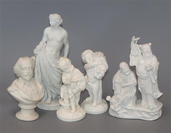 A quantity of ceramics including two Royal Doulton figures Winning Putt and The Ace, two pieces of Parian